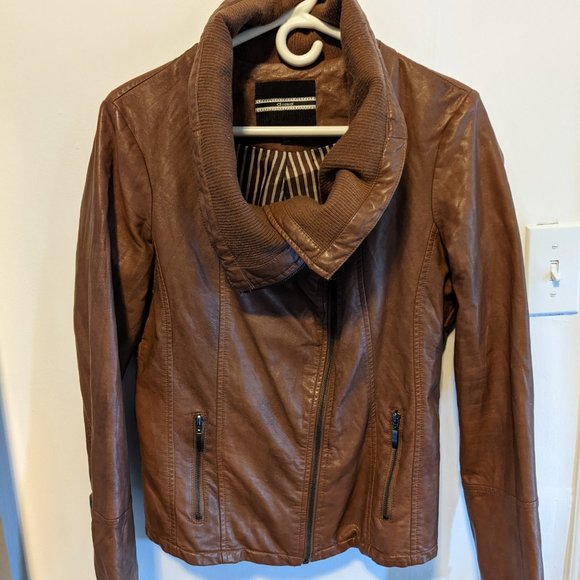 Brown Vegan Leather Asymmetrical Jacket - Picture 9 of 11